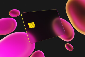 Close up of transparent gold credit card near oil drops in neon purple light on black background. 3d rendering illustration