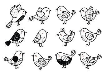 A collection of bird illustrations isolated on white background, showcasing different poses and designs of these delightful and charming creatures of nature