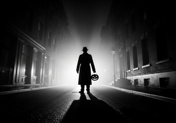 Silhouette of a mysterious man with a halloween pumpkin on a foggy city street at night