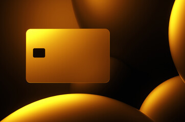 Close-up of transparent gold credit card on golden spheres background. 3d rendering illustration