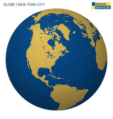 Vector Globe centered to New York City. Ocean Blue Golden Yellow palette. World map with meridians, parallels, countries, rivers and lakes. Authentic vector illustration.