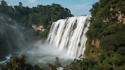 Naklejka premium Majestic Waterfall Cascading Through Lush Forest