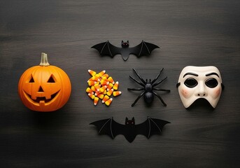 Halloween flat lay with jack-o'-lantern, candy corn, spider, bats, and mask on black wood