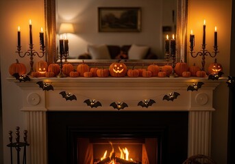 Cozy fireplace mantel decorated for Halloween with pumpkins, candles, and a spooky bat garland