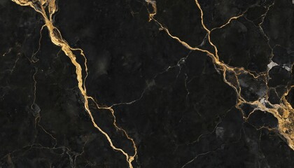 Black marble stone with gold veins for luxury interior design. Rich dark gray color with subtle speckles. Prominent crack runs across center, white lines outline edges, creating complex pattern.