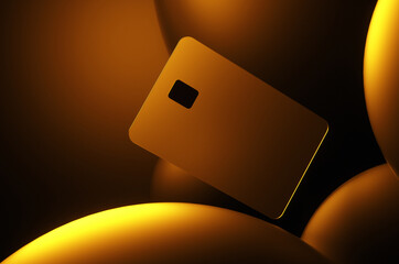 Close-up of transparent gold credit card on golden spheres background. 3d rendering illustration