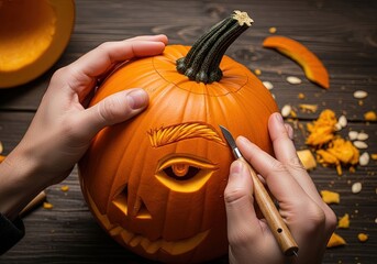 Close up of a man's hands carving a jack-o-lantern face for halloween on a wood table