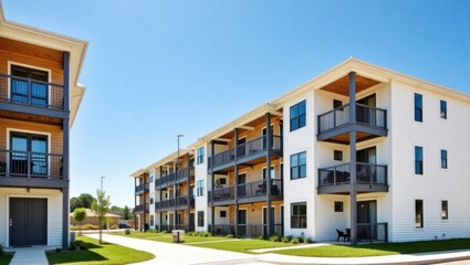 Obraz premium Modern Apartment Complex with Balconies and Clean Landscaping Under Sunlight
