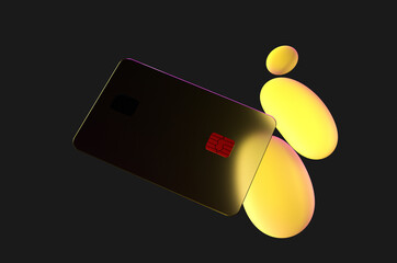 Close up of transparent gold credit card near oil drops in neon purple light on black background. 3d rendering illustration