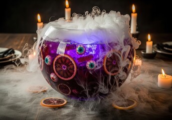 Spooky Halloween punch with eyeballs and dry ice smoke in a large bowl for a scary party