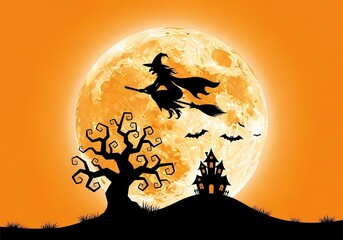 Halloween silhouette of witch, bats, haunted house, and spooky tree against a full moon