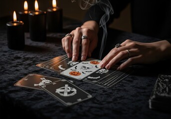 Fortune teller's hands doing a tarot card reading with a spooky Halloween themed tarot deck