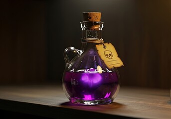 Glass bottle of glowing purple poison or a magic potion with a skull label on a wooden table