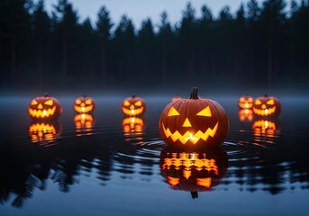 Spooky halloween jack-o'-lanterns floating on a lake at night with glowing reflections