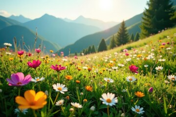 Obraz premium Carpet of wildflowers, dew-kissed petals, sunlit hillside , fresh, nature, meadow