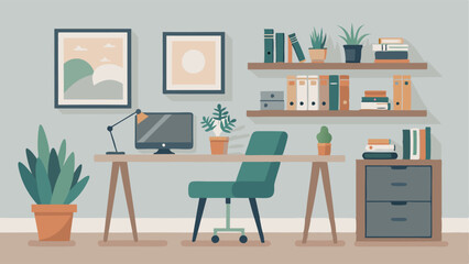 Fototapeta premium A home office with a simple wooden desk and a comfortable gray desk chair. The walls are adorned with motivational quotes in simple frames and there is a shelf filled with books