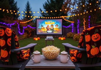 Cozy backyard halloween movie night with popcorn warm drinks and pumpkin decorations
