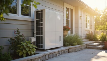 White air conditioning unit installed on ground floor of gray house surrounded by potted plants, shrubs in garden space. Walkway leads to second floor with wooden door. Large windows allow natural