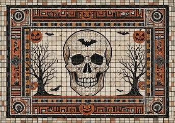 Ancient halloween mosaic art with spooky skull jack-o-lanterns and bats in a decorative frame