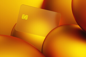 Close-up of transparent gold credit card on golden spheres background. 3d rendering illustration