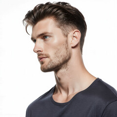 Fototapeta premium Confident Gaze: A striking headshot captures a handsome man with impeccably groomed hair, exuding an aura of poise, contemplation, and modern sophistication.