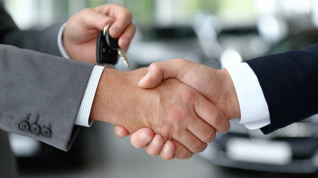 Businessmen shake hands at a car showroom, exchanging car keys and discussing vehicle options in front of an elegant SUV