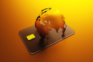 Close up of transparent gold credit card near golden planet earth model. 3d rendering illustration