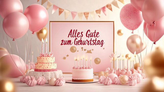 Photo frame text "Alles Gute zum Geburtstag" template with balloons and cake. Happy birtday in German. Template design for birtday card, birthday invitation, greeting card. Invitation card, birthday p