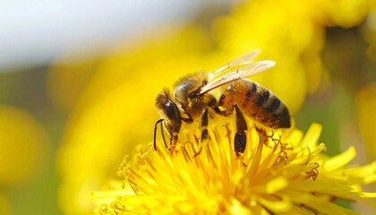 Honeybee Gathering Pollen on Bright Yellow Dandelion in Soft Focus