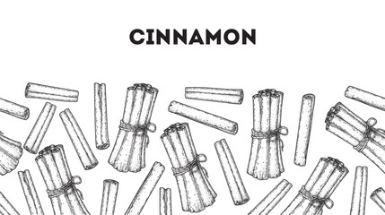 Hand drawn cinnamon sticks. Horizontal seamless pattern. Vector illustration. Cinnamon sticks sketch. Kitchen spice.