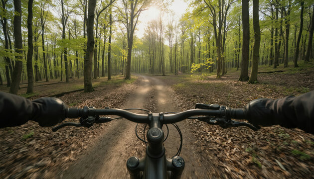 Mountain biker riding black, silver bike on dirt trail. Forest surrounding trail with verdant trees, foliage. Hands grip handlebars as cyclist navigates terrain. Perspective from low angle looking up