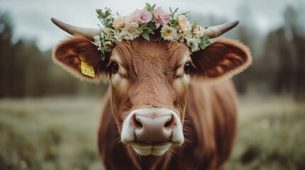 Cow licking its nose, flower necklace, concept: every life matters, cruelty-free brand generative ai
