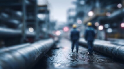 Naklejka premium Maintenance workers inspecting pipelines at an energy refinery at night
