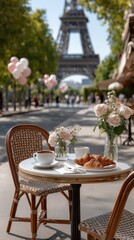 Sipping coffee and savoring a croissant at a charming terrace, adorned by lovely flowers and delicate balloons floating above