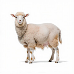 Fototapeta premium Sheep Posing for the Camera: A fluffy sheep confidently poses in front of the camera, displaying its soft fleece and gentle demeanor. Showcasing the tranquility and innocence of rural life.