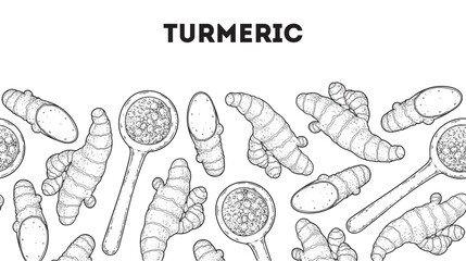 Turmeric root sketch. Horizontal seamless pattern. Hand drawn vector illustration. Curcuma spice, powder in a spoon. Kitchen spice