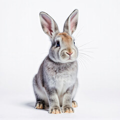 Obraz premium Rabbit in Studio: A captivating close-up of an adorable rabbit with soft, grey fur, delicate whiskers, and upright ears, perfect for illustrating joy and happiness.