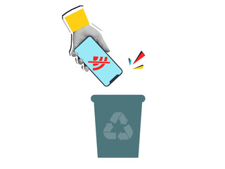 Black and white hand puts a phone with a crossed Wi-Fi sign on a screen into trash can. Modern photo collage style. Illustration on transparent background
