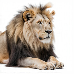 Fototapeta premium Majestic Lion: A magnificent lion with a resplendent mane gazes with regal composure. The portrait captures the apex predator’s powerful physique and the captivating intensity in its eyes.