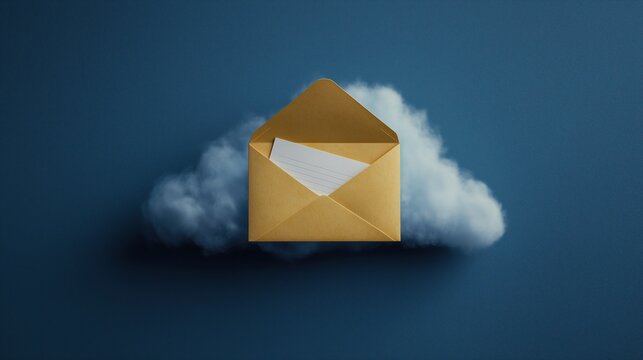 A golden envelope with a white letter in a cloud against a dark blue back - Powered by Adobe