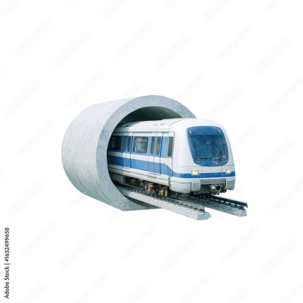 Poster modern train emerging from a concrete tunnel symbolizing transit innovation and urban development in