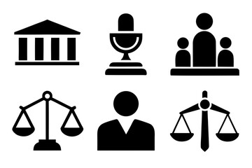 Law and Justice Icons Set Featuring Court, Scales, Judge