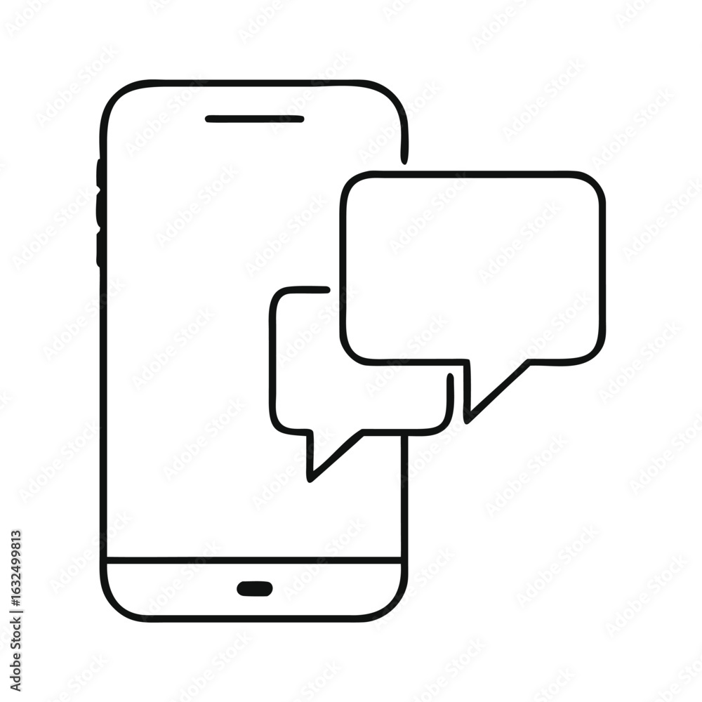 Poster clean black and white icon of a phone with message bubbles, symbolizing connectivity, digital dialog