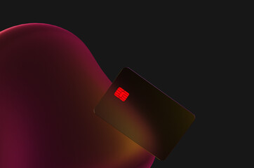 Close up of transparent gold credit card near oil drops in neon purple light on black background. 3d rendering illustration