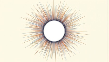 Circular design on light gray background features large sunburst radiating from smaller white circle. Orange lines emanate from sunburst, central element on white space for text. Illustration in