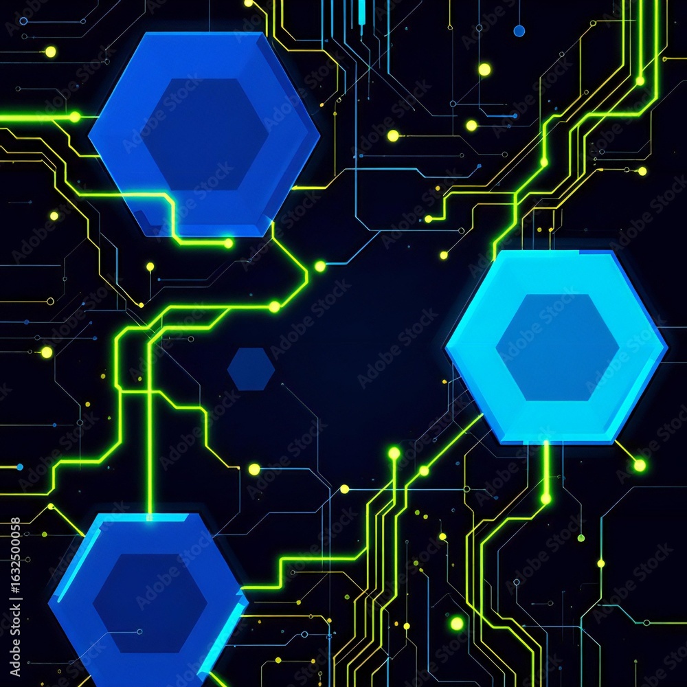 Poster abstract digital technology background with glowing green circuits and blue hexagonal nodes, represe