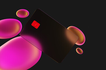 Close up of transparent gold credit card near oil drops in neon purple light on black background. 3d rendering illustration