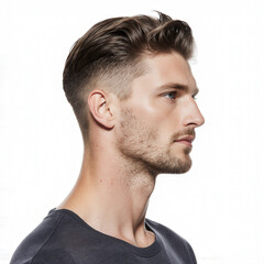 Obraz premium Confident Man: A striking profile view of a handsome man with a perfectly groomed hairstyle showcases his confident gaze, perfect for lifestyle and beauty contexts.