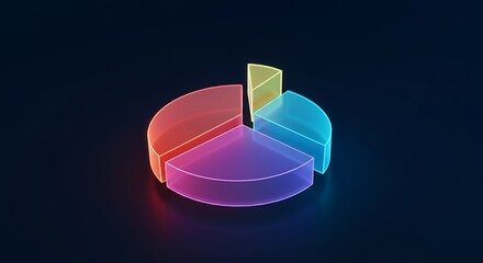 Vibrant glass pie chart visualization glowing with rainbow colors on dark background, perfect for data analysis