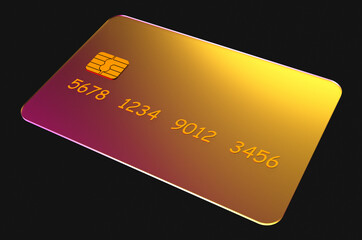 Close up of transparent gold credit card in purple neon light on black background. 3d rendering illustration